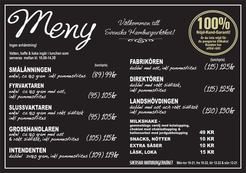 Svenska Hamburgerkökets Meny