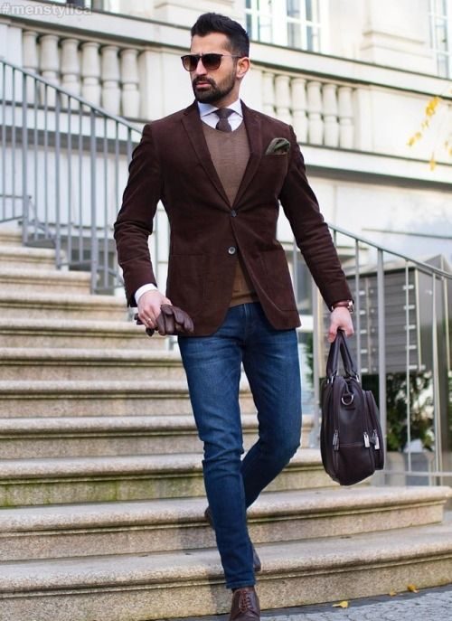 smart casual outfit brun kavaj blå jeans