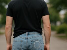 snusring på bakfickan ljusa jeans