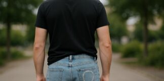 snusring på bakfickan ljusa jeans