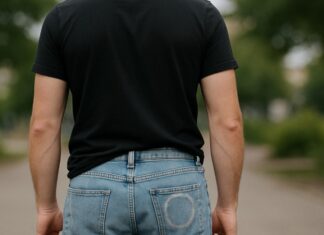 snusring på bakfickan ljusa jeans