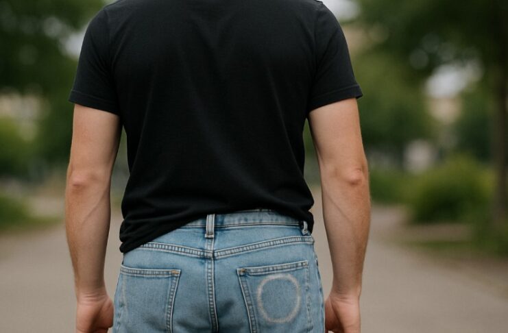 snusring på bakfickan ljusa jeans