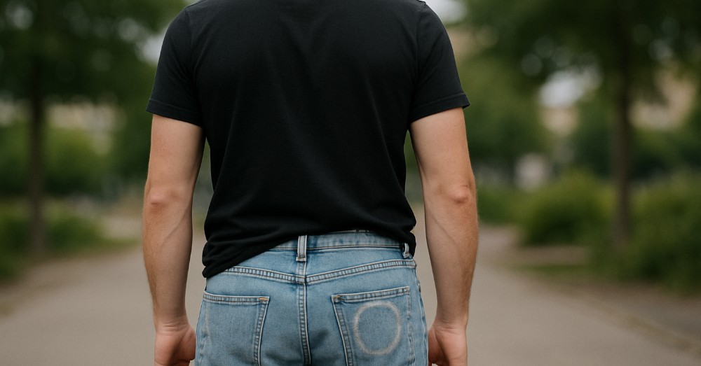 snusring på bakfickan ljusa jeans